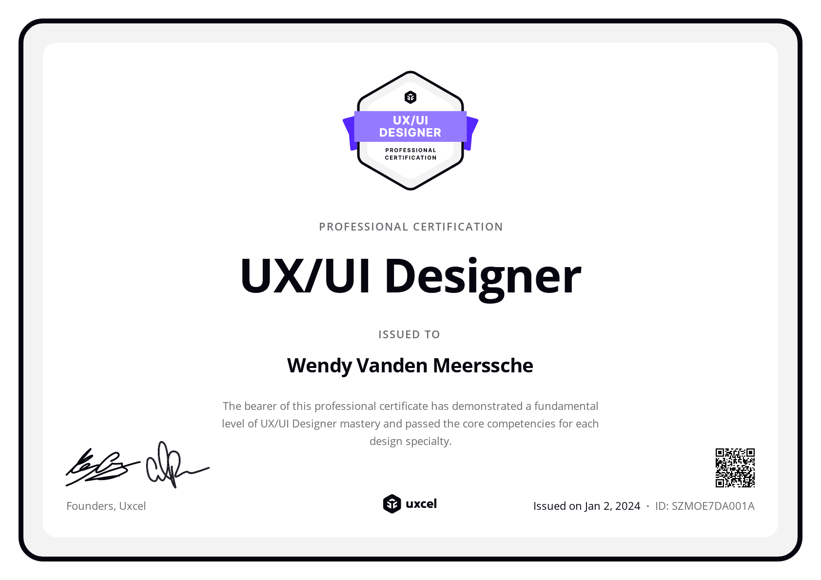 Wendy Vanden Meerssche's certificate